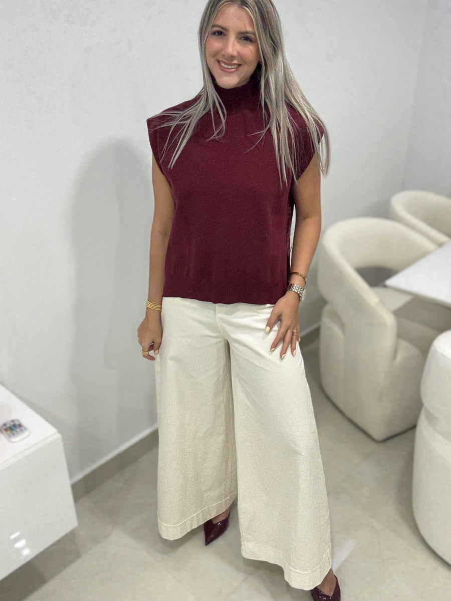 WINE MOCK NECK KNITTED BLOUSE