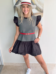 BLACK STRIPED RUFFLED SHORT DRESS
