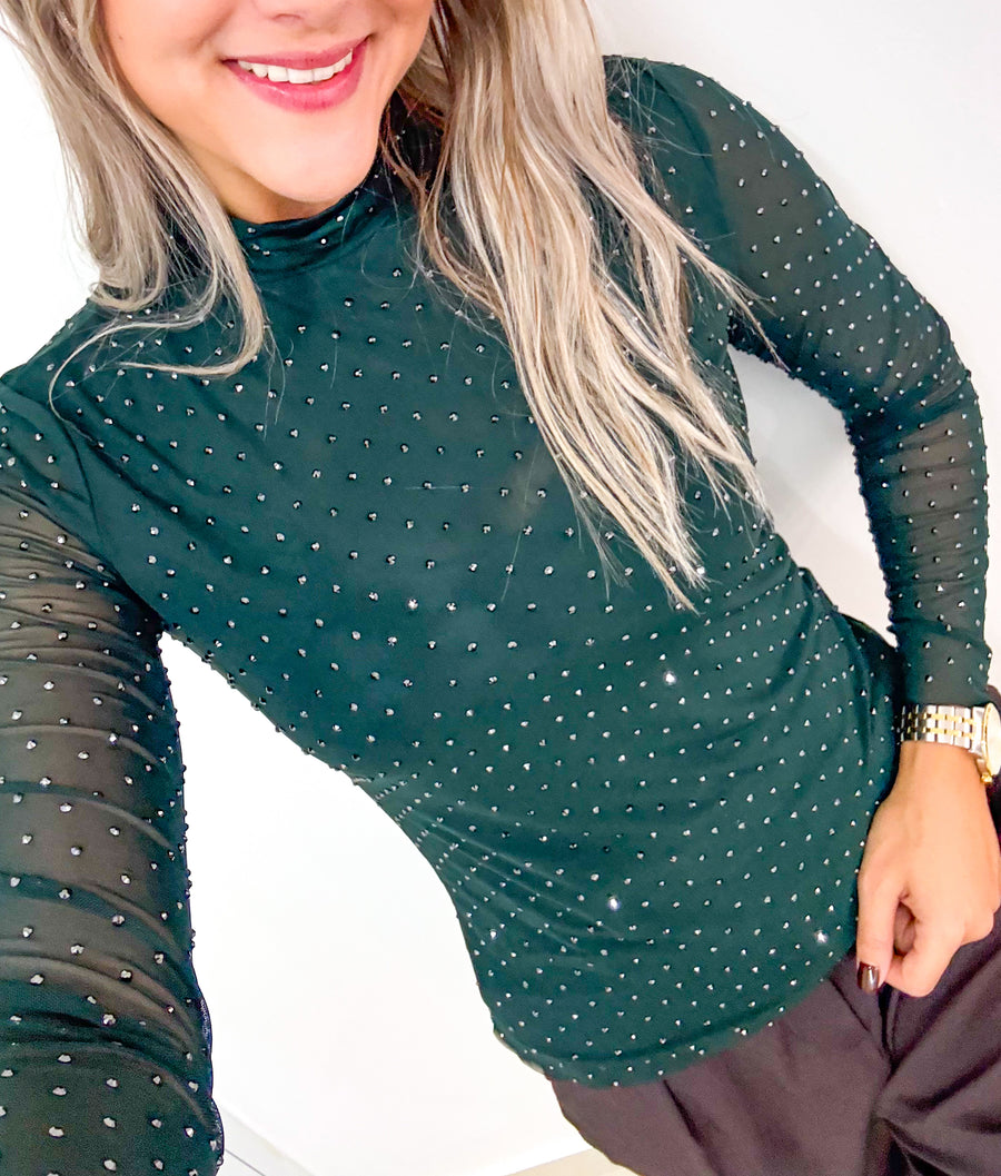 HUNTER GREEN MESH RHINESTONES BLOUSE