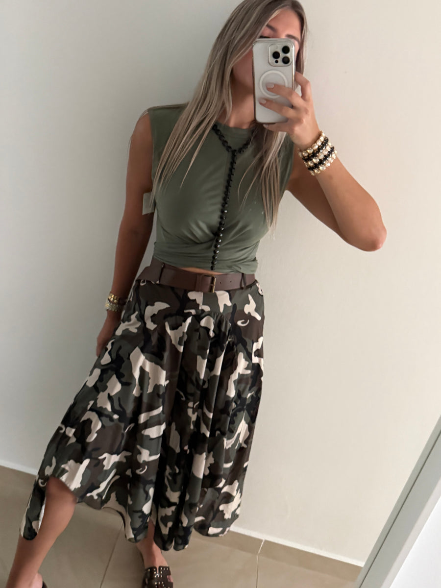 CAMO ASYMMETRIC BELTED SKIRT