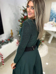 HUNTER GREEN METALLIC LONG SLEEVE COWL NECK BLOUSE