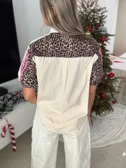 STRIPED LEOPARD/NEON PINK TRACK LINES BUTTONED BLOUSE