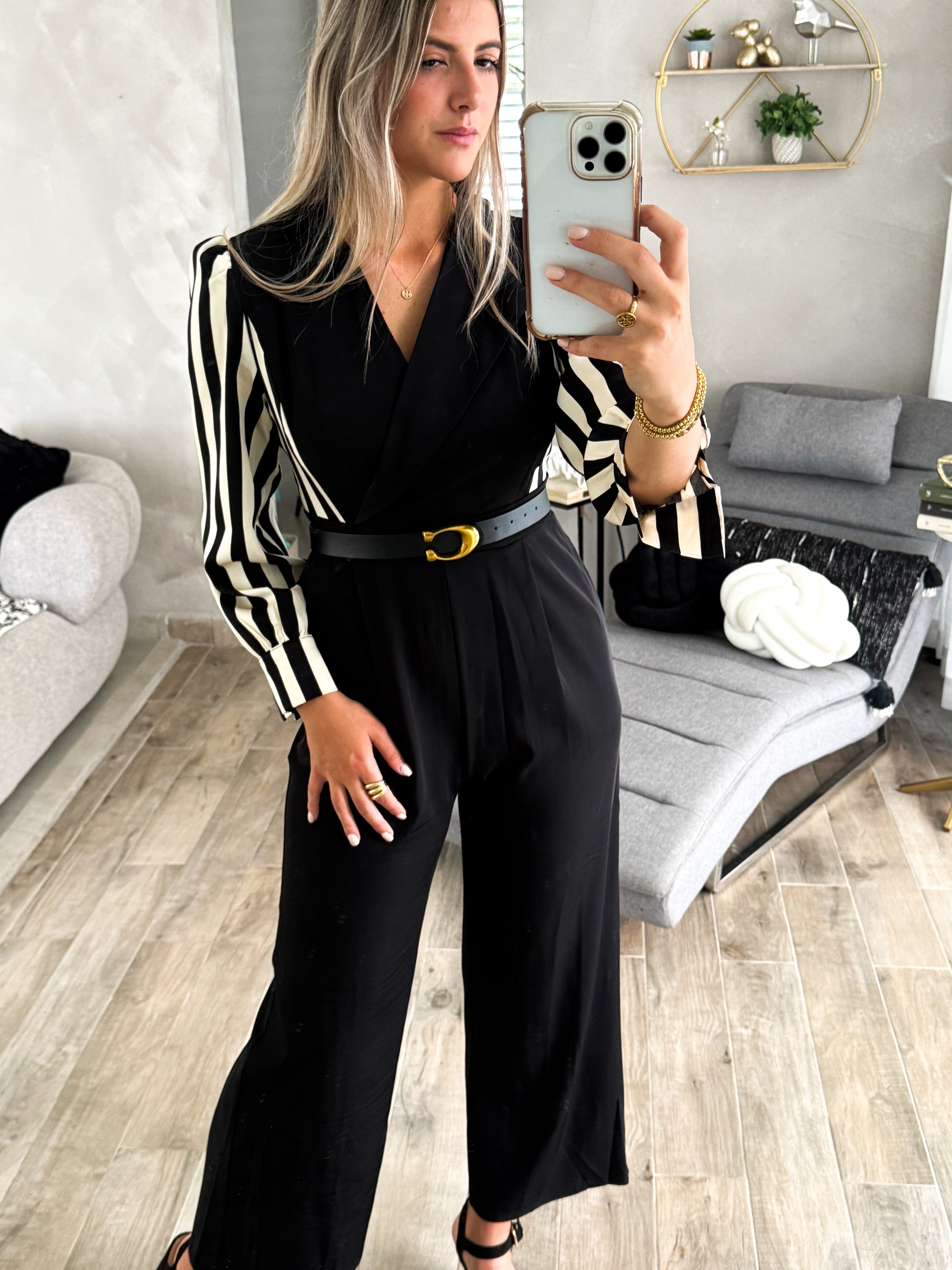 BLACK CONTRAST STRIPED JUMPSUIT