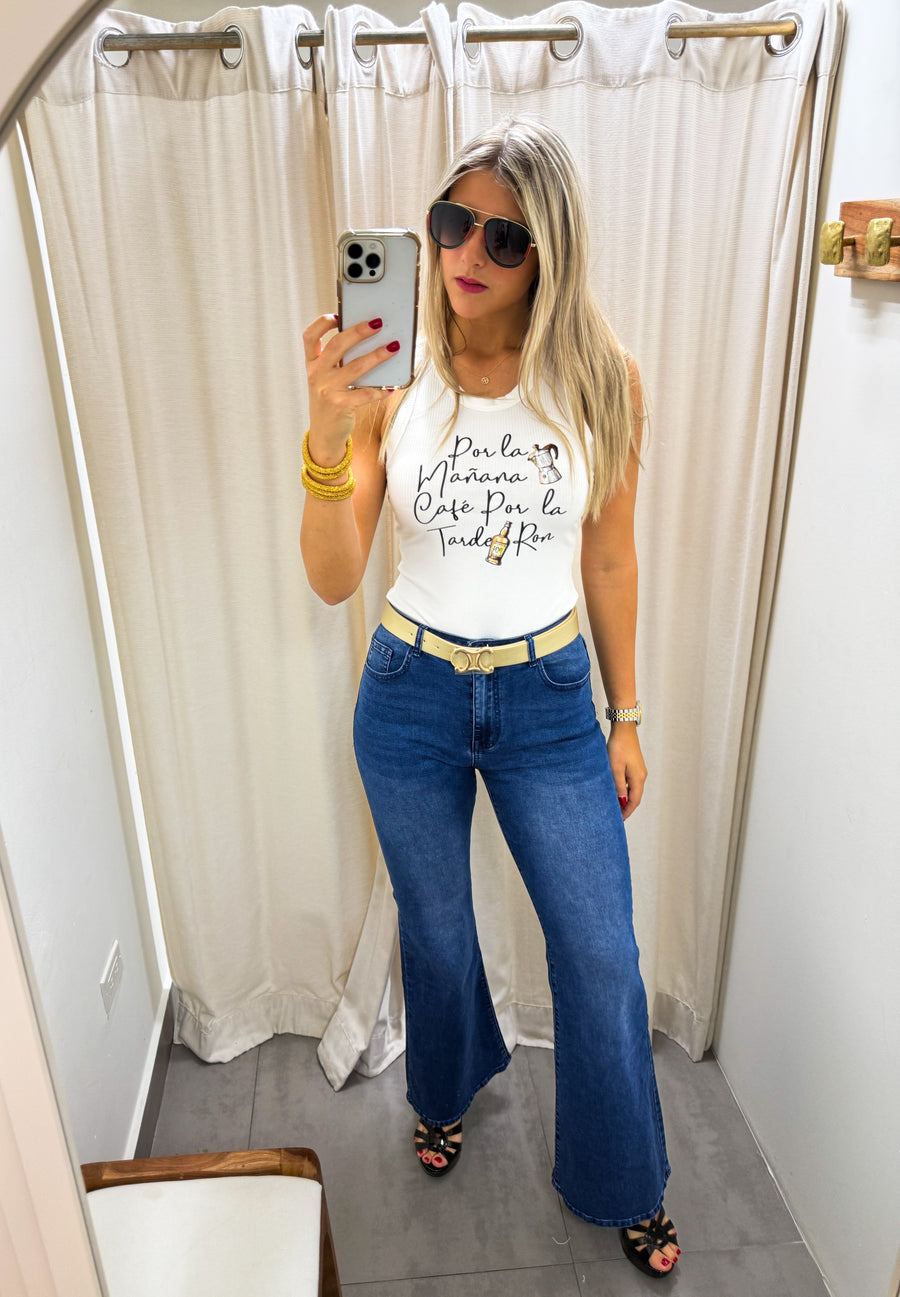 DARK DENIM FLARE STRETCHY JEANS