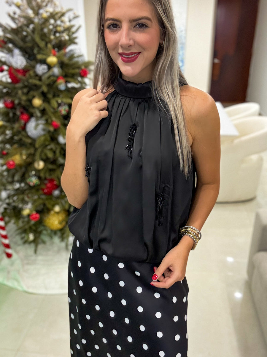 BLACK BEADED EMBELLISHMENTS HALTER BLOUSE