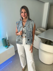 DENIM TRICOLOR METAL EYELET SLEEVELESS JACKET