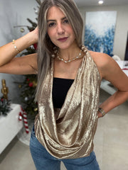 GOLD METALLIC HALTER COWL BLOUSE