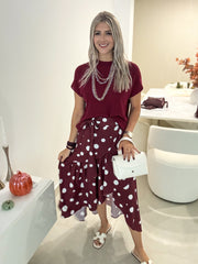 BURGUNDY POLKA DOT WRAP AROUND SKIRT