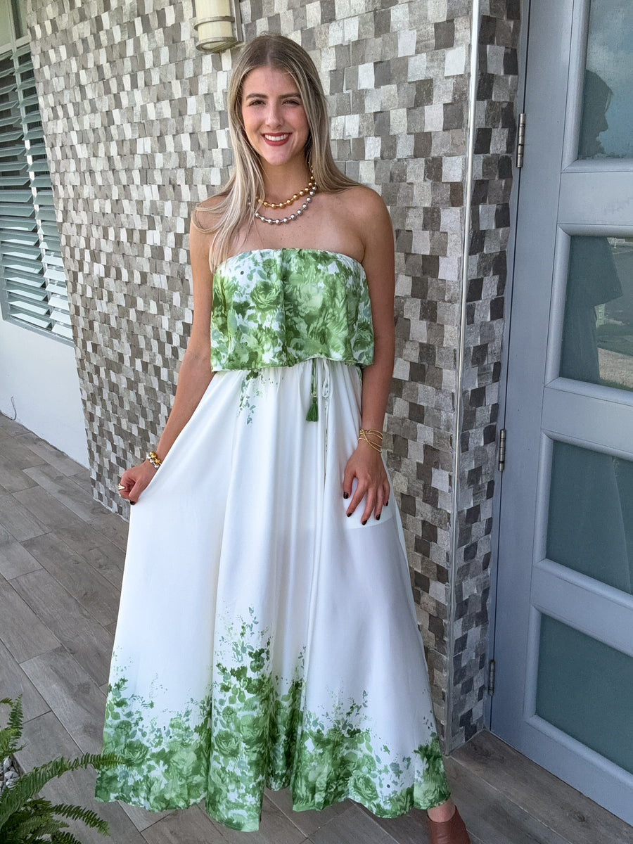 STRAPLESS GREEN/IVORY PRINTED MAXI DRESS