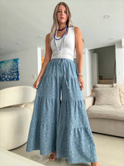 FLOWER DESIGN DENIM FLOWY PALAZZO PANTS