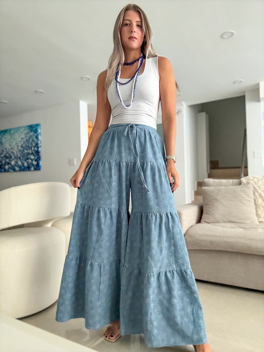 FLOWER DESIGN DENIM FLOWY PALAZZO PANTS