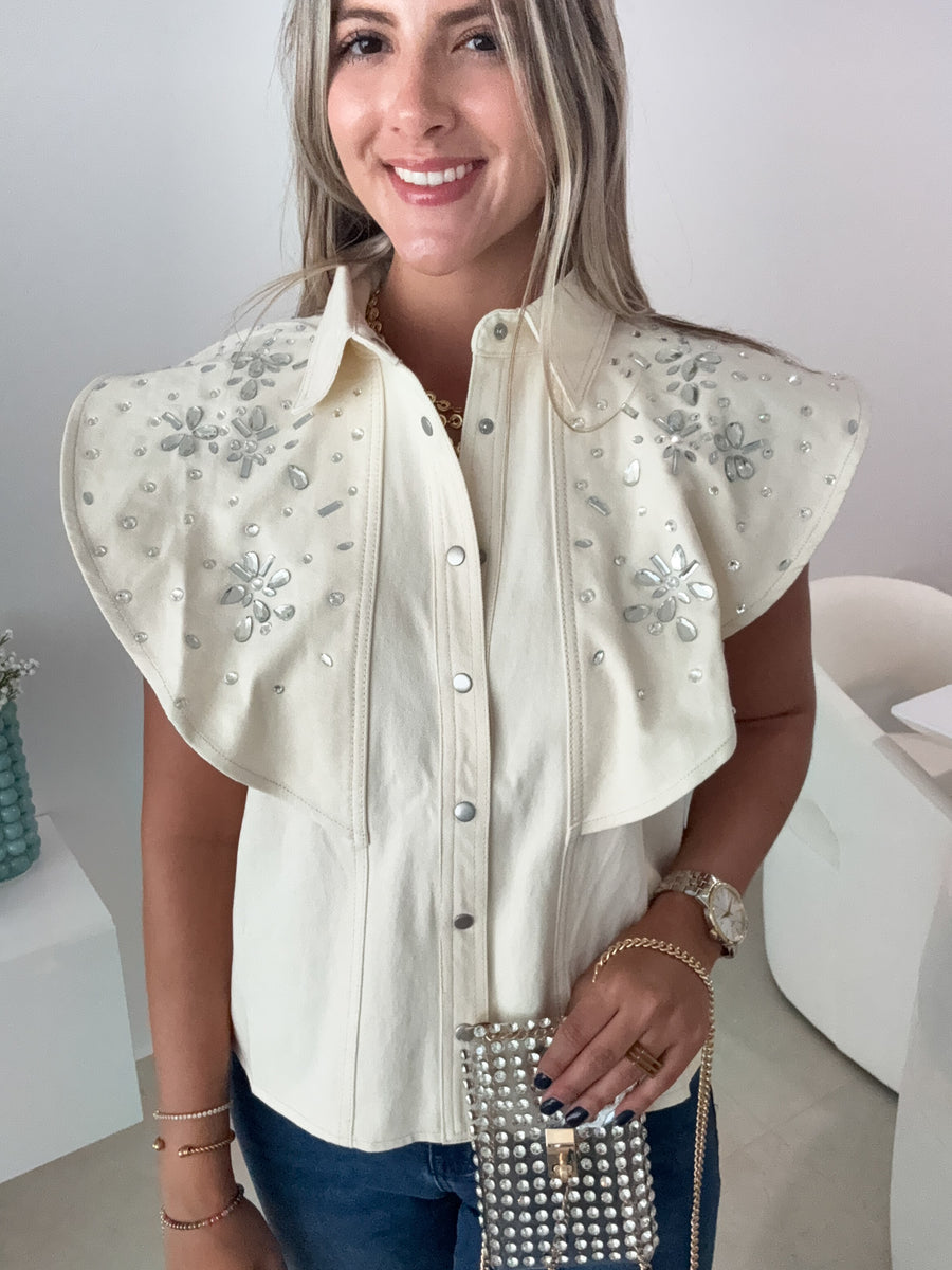 BEIGE DENIM SILVER GEMS BLOUSE