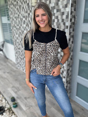 BLACK ANIMAL PRINT VEST THSIRT BLOUSE