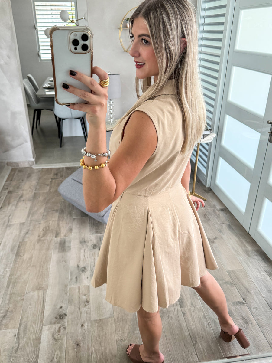 KHAKI BELTED SHORT DRESS