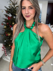 GREEN SATIN BALL HALTER BLOUSE