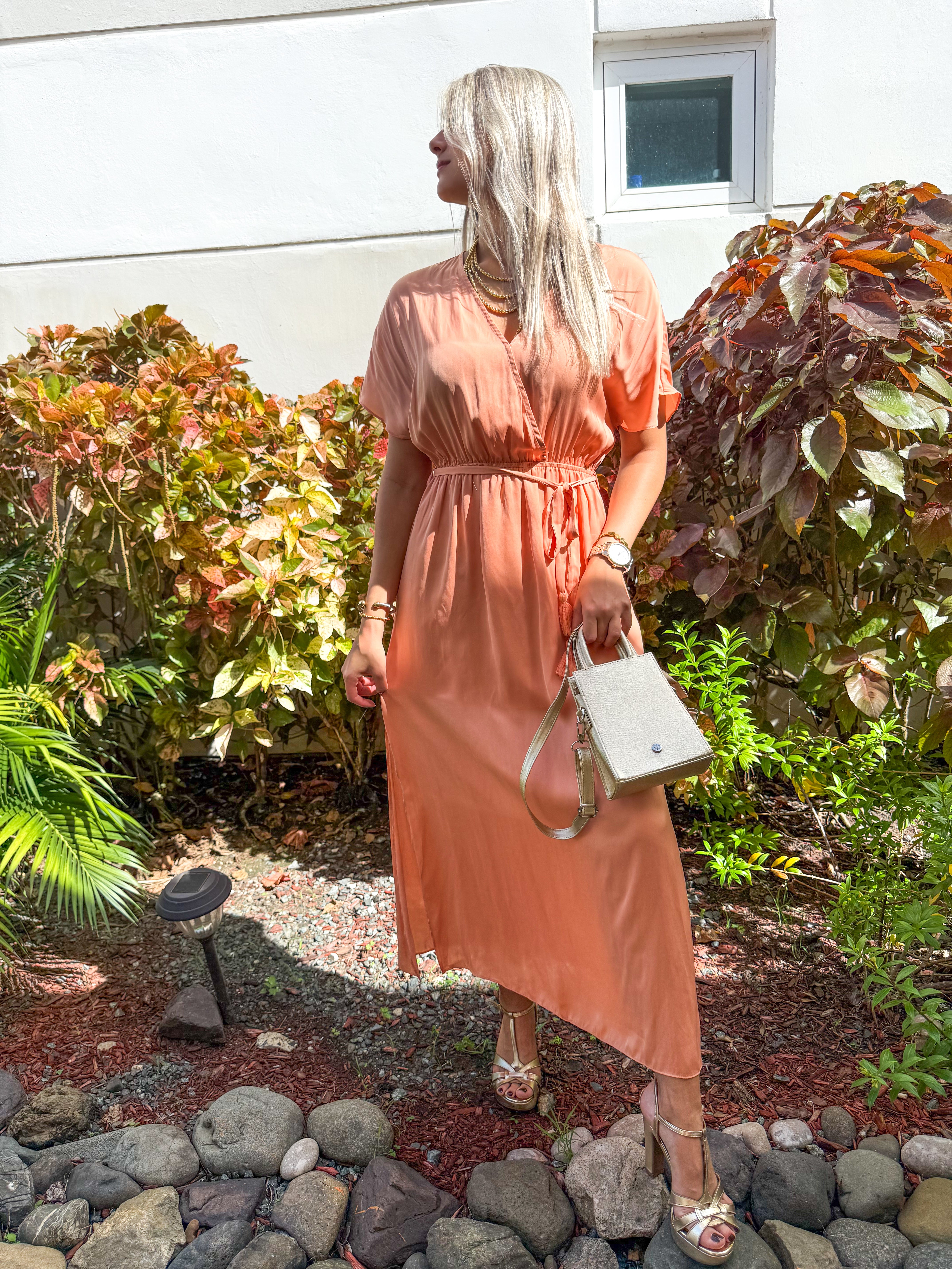PEACH SATIN MIDI DRESS
