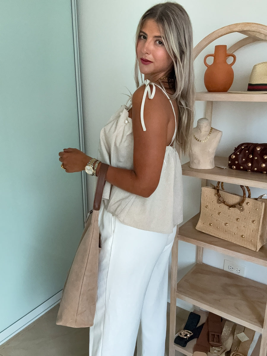 LINEN PEARL DETAIL BLOUSE