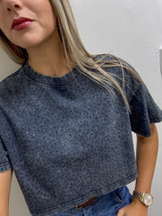 NAVY RHINESTONES CROP TSHIRT