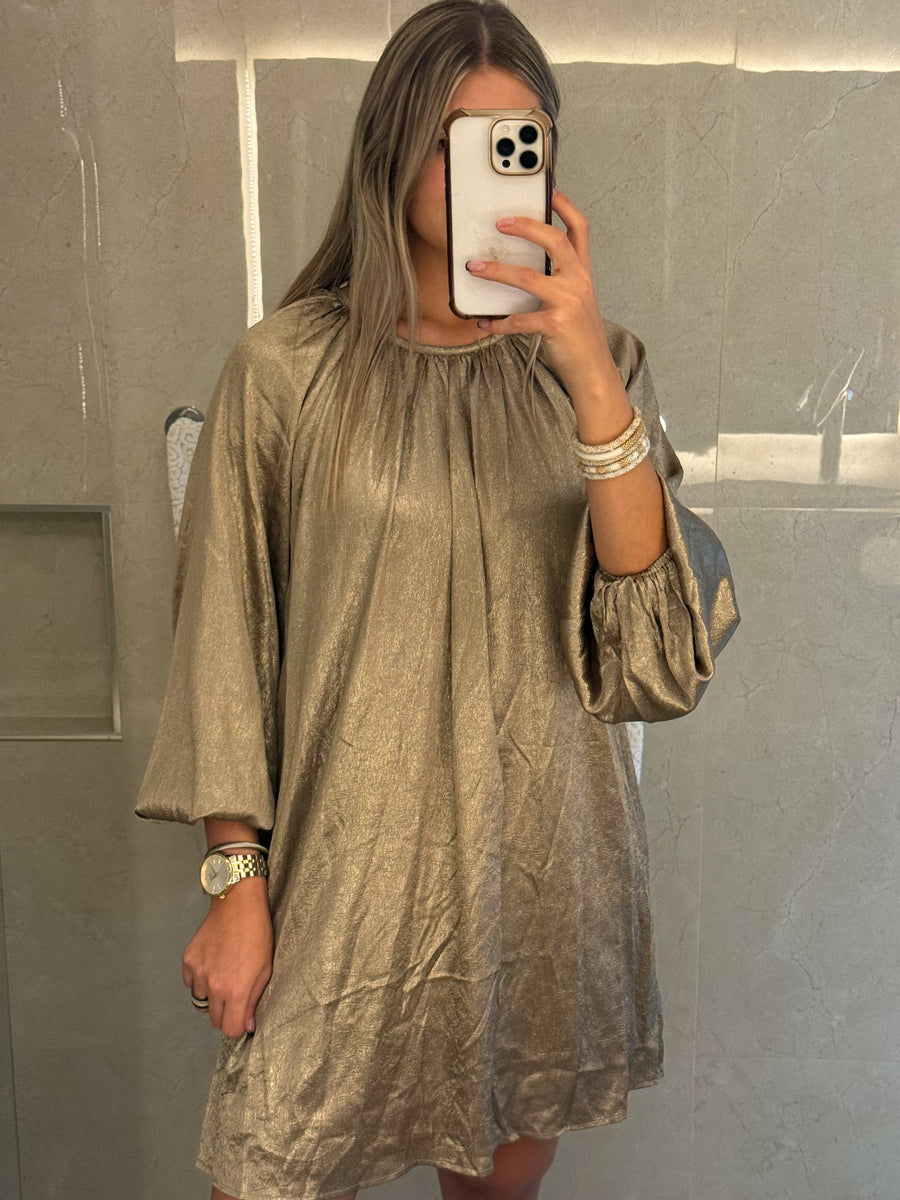 CHAMPAGNE METALLIC SATIN TUNIC DRESS