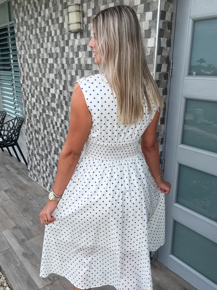 CREAM BLUE POLKA DOT ZIPPER DRESS