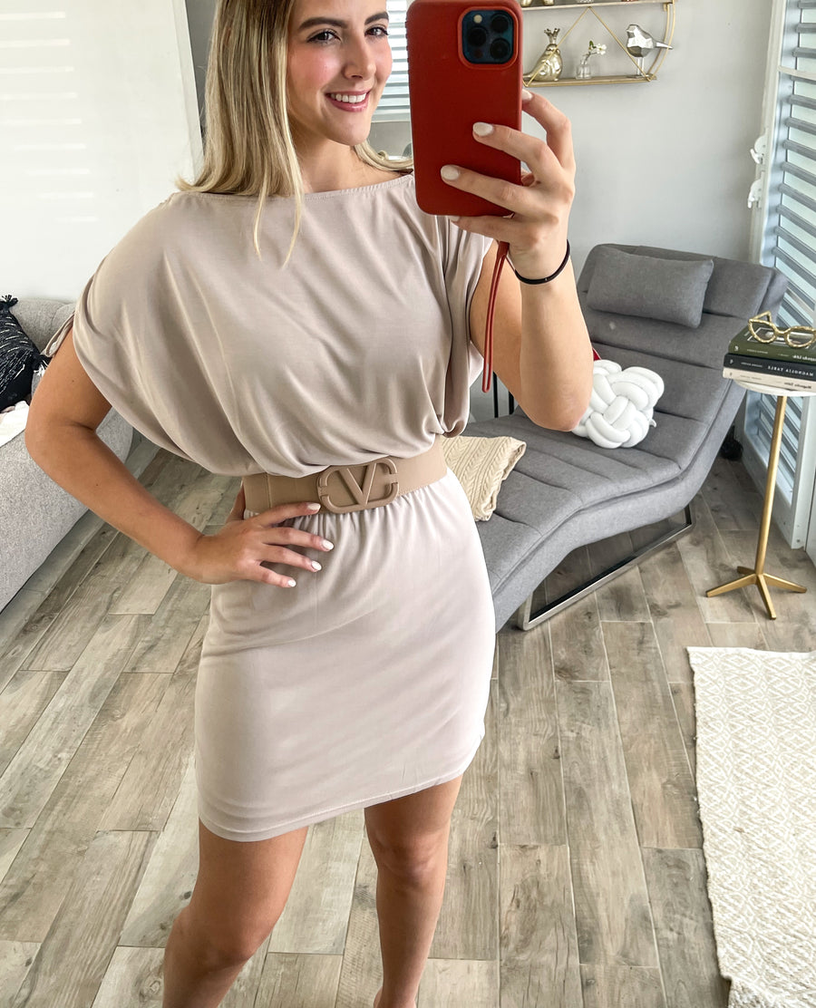 TAUPE DROP SHOULDER DRESS