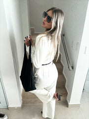 WHITE WIDE-LEG BELTEN TAILORED TROUSER PANTS