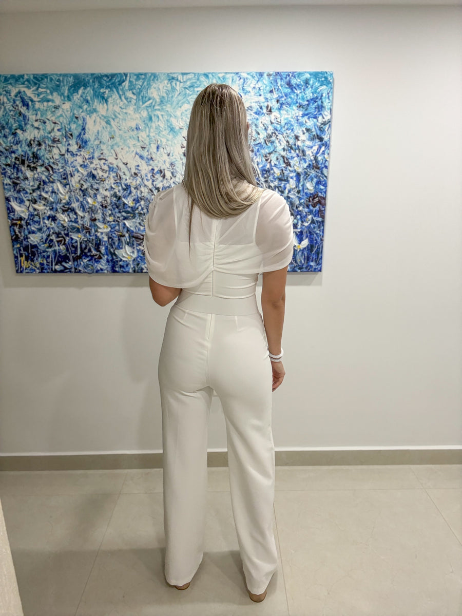 WHITE MESH DETAILED CAPE JUMPSUIT
