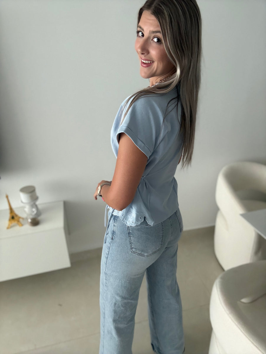 BLUE CINCHED BLOUSE