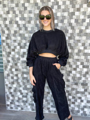 BLACK CORDUROY CROP BLOUSE