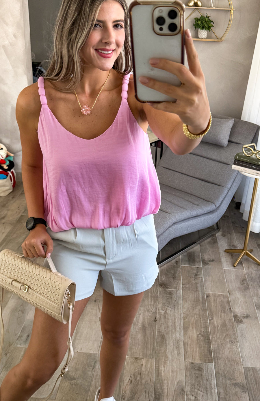 PINK SATIN ELABORATED STRAP TANK BLOUSE