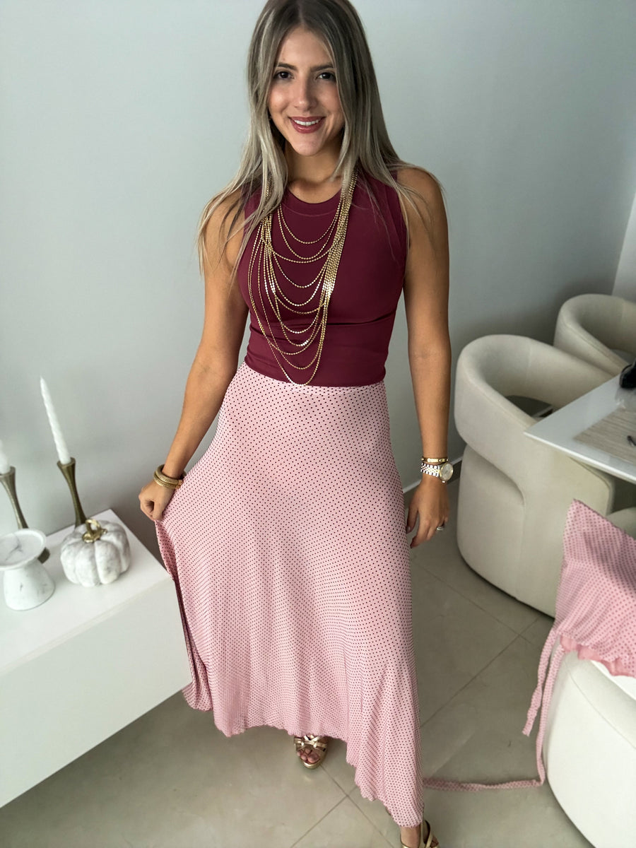 PIA BURGUNDY POLKA DOT/BLUSH MESH MAXI SKIRT