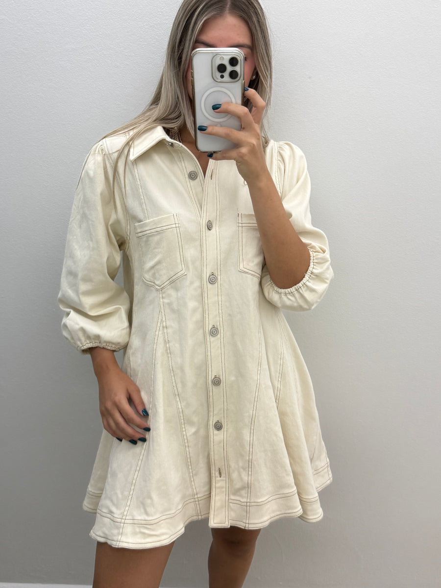 CREAM LONG SLEEVE DENIM DRESS