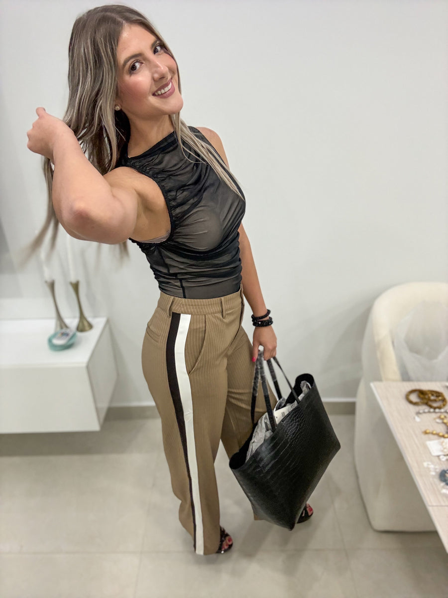 TAUPE PINSTRIPED BLACK & WHITE SIDE TRACK LINES PANT