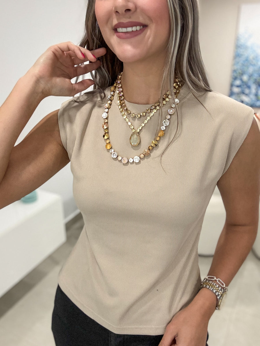 TAUPE SLEEVELESS KNIT RIB SHOULDER PADDED TOP