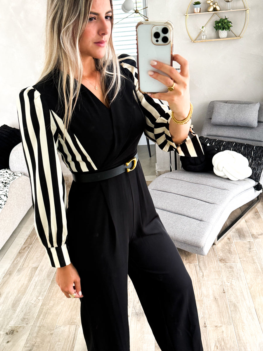 BLACK CONTRAST STRIPED JUMPSUIT