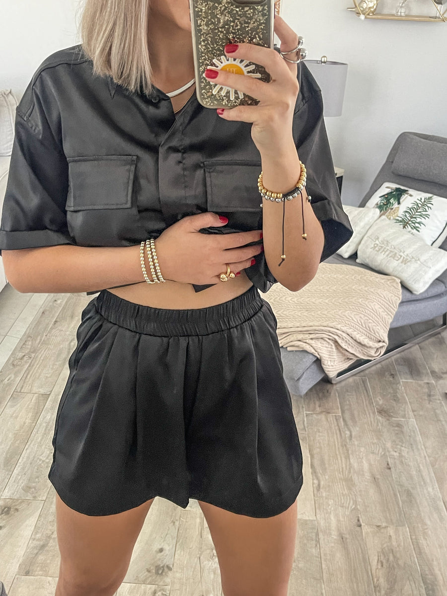 BLACK SATIN SHORTS