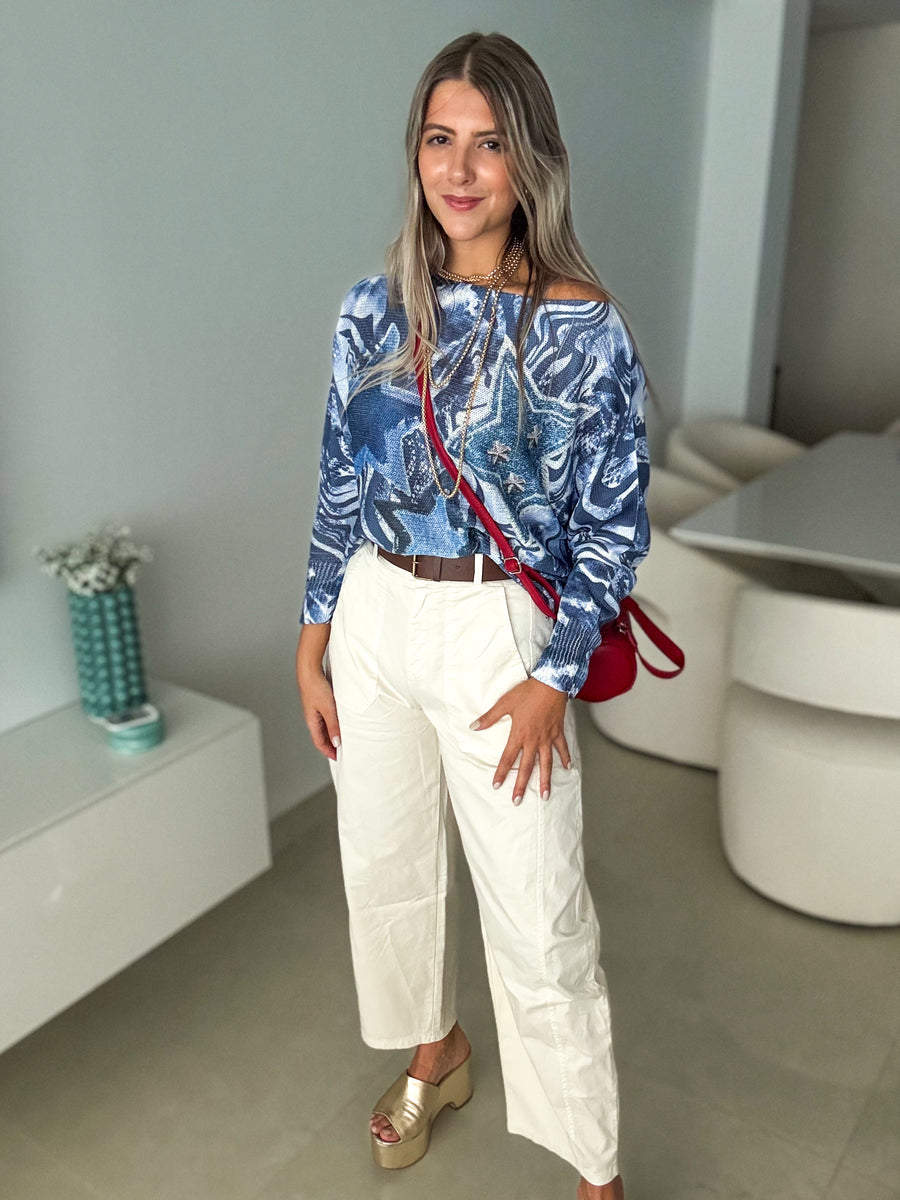 BLUE DENIM STAR SWEATER BLOUSE