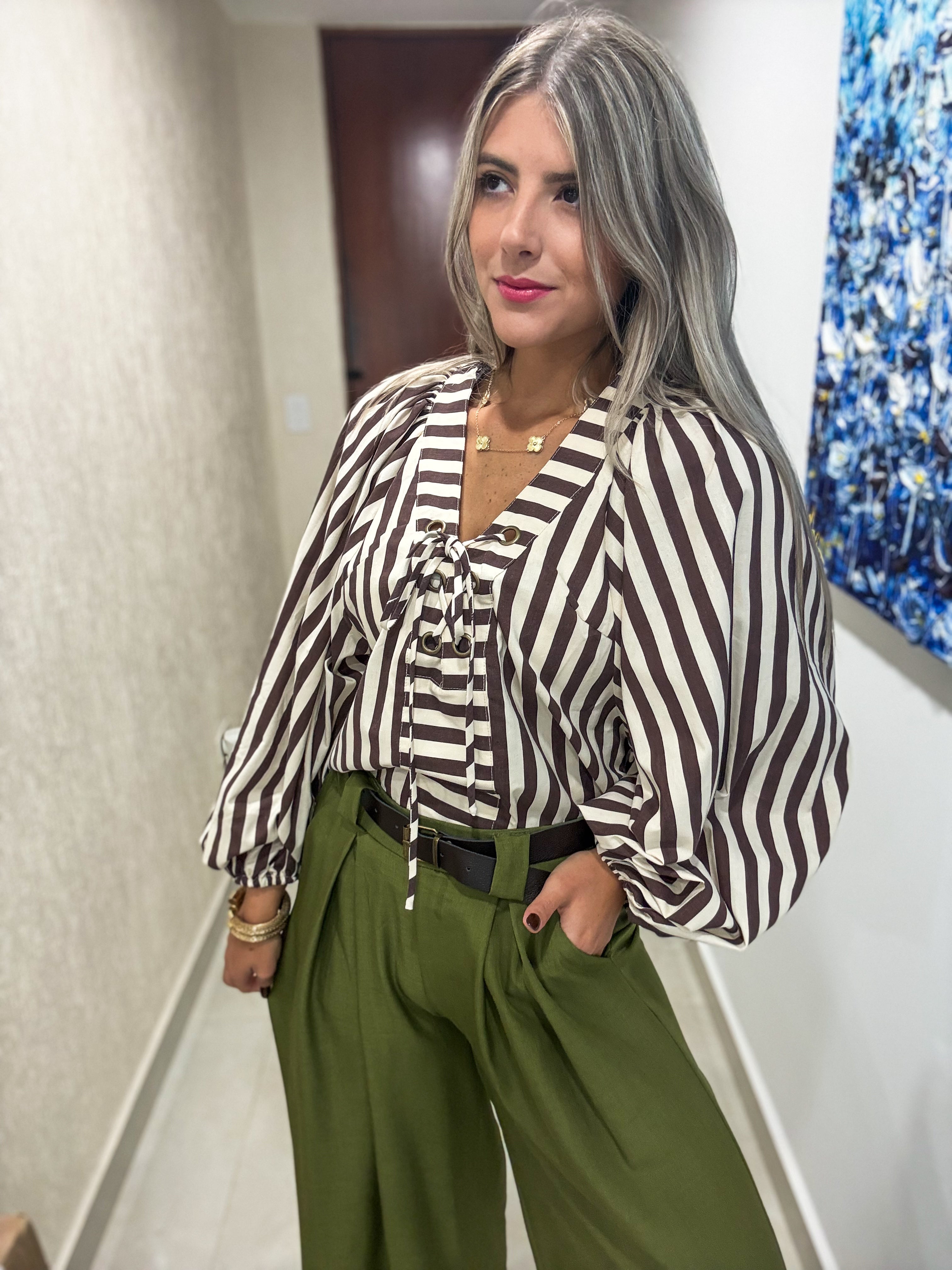 BROWN STRIPED TUNIC BLOUSE