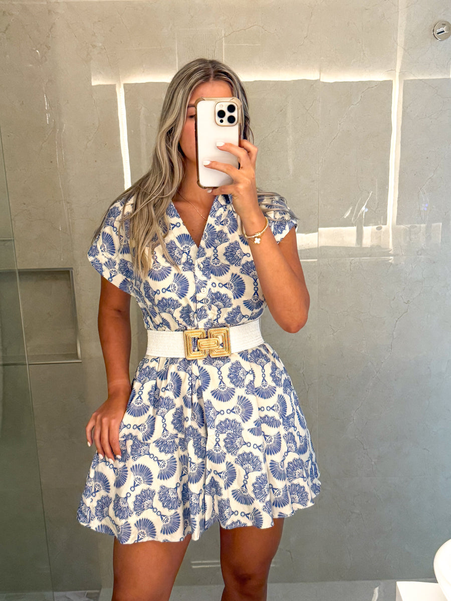BLUE/WHITE PRINTED SHORT SLEEVES DRESS