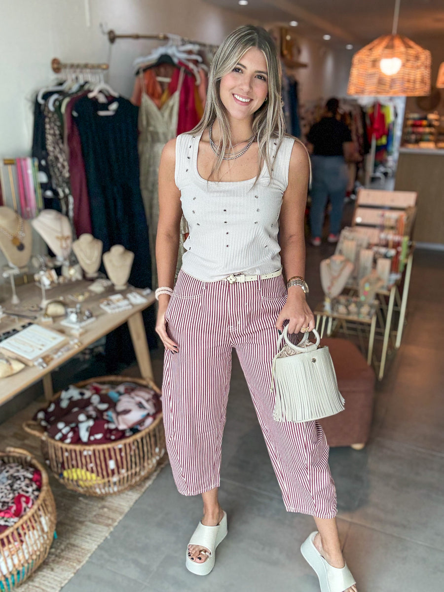 WINE STRIPED BARREL PANTS