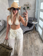CREAM EYELET WIDE LEG PANTS