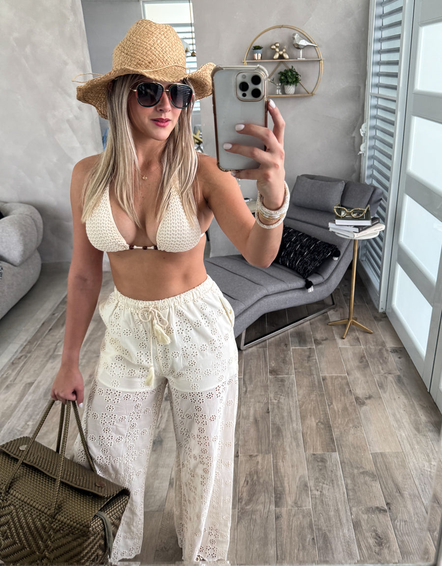CREAM EYELET WIDE LEG PANTS