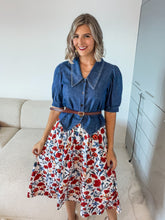 Load image into Gallery viewer, DENIM TOP WITH FLORAL SKIRT &amp; CAMEL BELT SET
