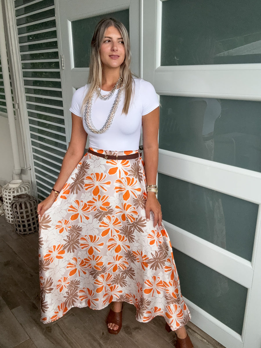 BEIGE/ORANGE BELTED FLORAL PRINT SKIRT