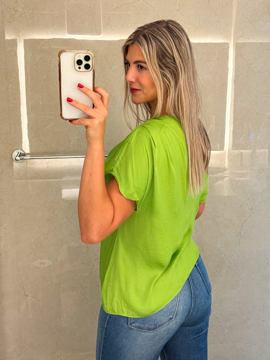 LIME OFF SHOULDER SATIN BLOUSE