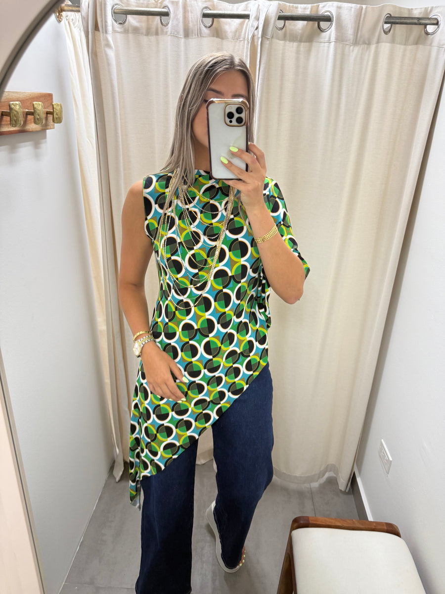 PIA GREEN PRINT ASYMMETRIC BLOUSE