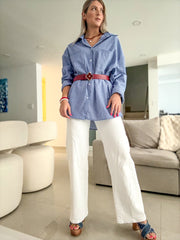 BLUE STRIPED BELTED BLOUSON