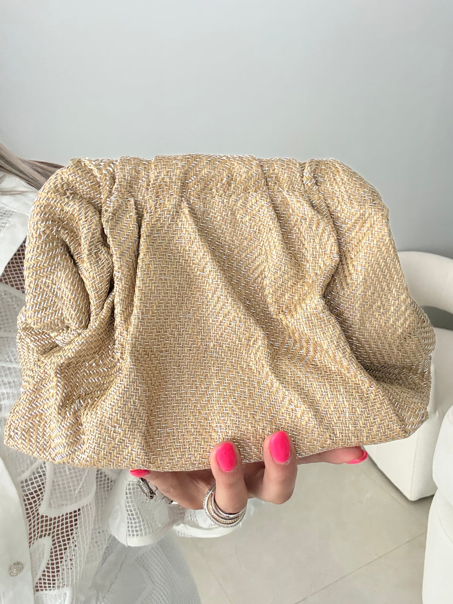 KHAKI/SILVER CLUTCH/CROSSBODY BAG