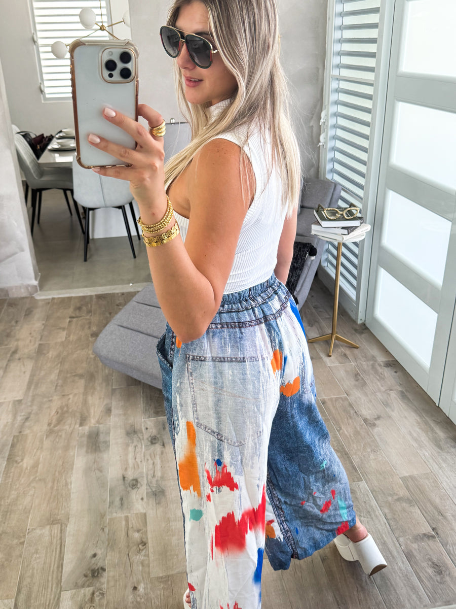 PAINT BRUSH DENIM ILLUSION PALAZZOS