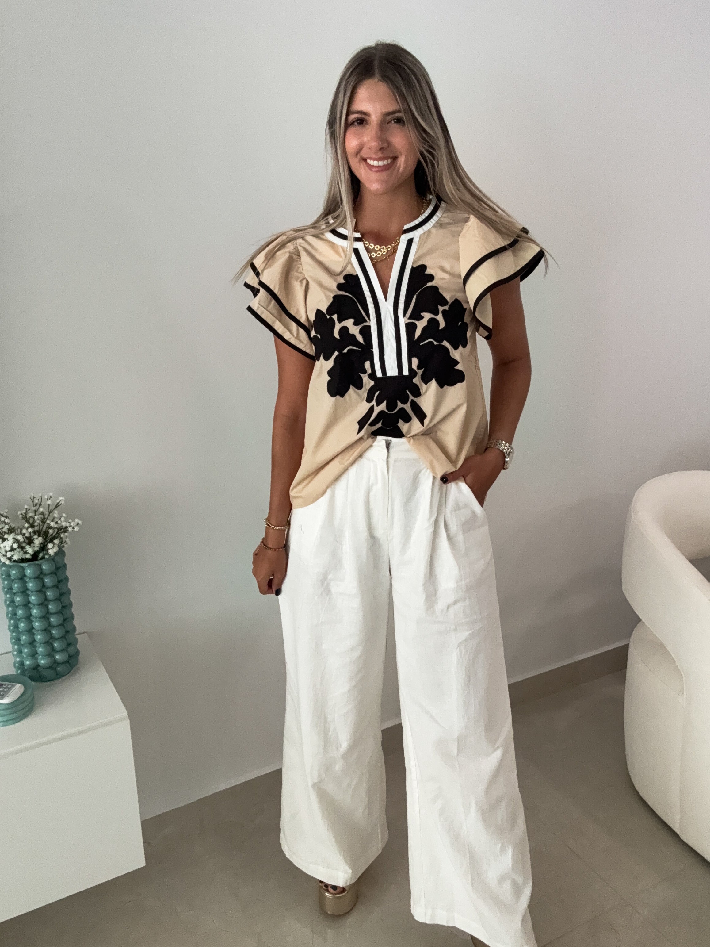 TAUPE/BLACK BLOUSE